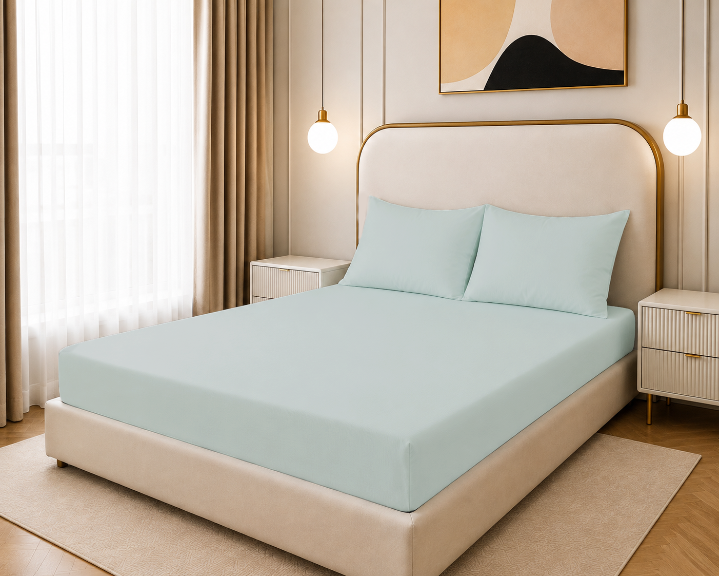 88 Fitted Bed Sheet Set, 250TC Mint Green Percale, 100% Cotton. - Image 1