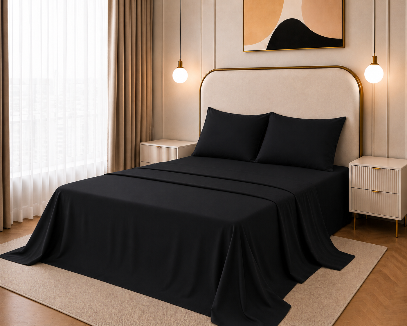 9 Flat Bed Sheet Set, 250TC Black Percale, 100% Cotton. - Image 1